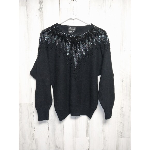 Vintage Angenie Sweater Angora Blend Black Sequined Medium - Picture 1 of 5
